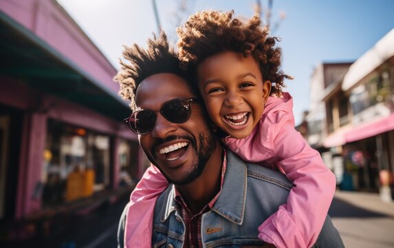 A Black Man Lifts A Young Boy Off His Shoulders With His White Shirt