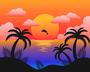 Fototapeta na wymiar Beautiful seascape with dolphin and palm trees at sunset. Illustration, vector