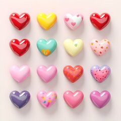 Sets of 3D colorful heart shape tied with ribbon isolated on pastel background. Suitable for Valentine's Day and Mother's Day decoration.