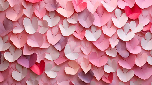 Whimsical paper hearts drifting gracefully in a sea of soft pink, creating a visually enchanting and romantic composition.