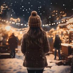 Woman in sweater standing outdoors in winter. A profile view of a young woman with brown hair wearing a bobble hat and coat - obrazy, fototapety, plakaty