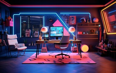 Geometric Wonderland: Retro 80s Office with Bold Colors.