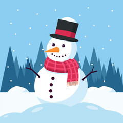 Snowman with winter landscape and snow. Christmas character design. Vector stock