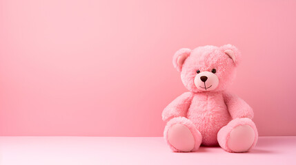 Pink teddy bear on a pink background with copy space. Background for Valentine's Day with copy space.