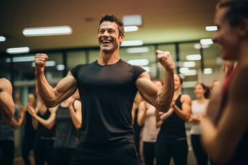 Photo of a fitness trainer leading a high-intensity workout class. Generative AI - obrazy, fototapety, plakaty