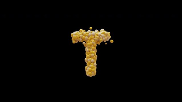 3D animation cartoon balls letter T, isolated beautiful funny yellow balloons, motion design, RGB Alpha, UHD 4K, Apple ProRes 4 4 4 4 12 bit, 25 fps