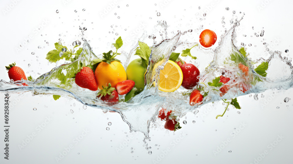 Poster fragments of fruits and vegetables dive into water, creating vivid and refreshing splashes.
