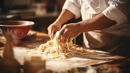 Fotobehang chef making handmade noodles for a Chinese noodle dish generative ai © ThisDesign