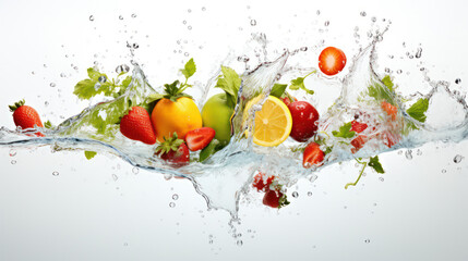 Fragments of Fruits and Vegetables Dive into Water, Creating Vivid and Refreshing Splashes.