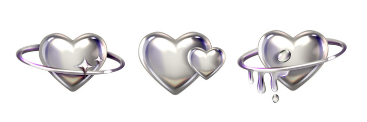 3D chrome heart y2k shape set, vector silver liquid love icon futuristic metal glossy steel sticker. Future galaxy retro aesthetic trendy objects cyber metallic reflection cosmic collection. 3D chrome - obrazy, fototapety, plakaty