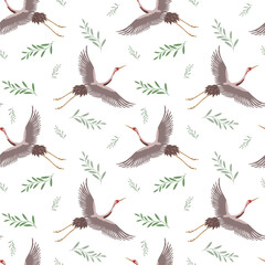 Seamless pattern, gray flying cranes on a white background. Background, textile, wallpaper, vector