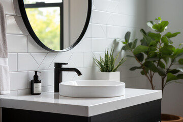 Modern Bathroom Sink Takes Center Stage with a Mirror Above, White Tiles and Clean Elegance.