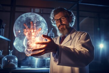 Photo of a scientist holding up a breakthrough invention in a lab. Generative AI