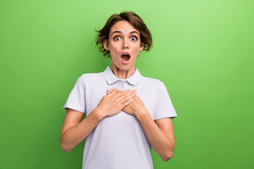 Photo of nervous young lady wear pastel violet polo t shirt folded palms chest shock thankful...