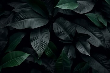Black dark leaves background. Somber natural leafage vegetation backdrop. Generate ai
