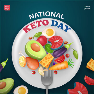 National Keto Day, high fat and low carb diet. 3d vector Good food for diet with fork elements and plate background