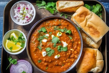 Indian Pav Bhaji with coriander butter buns and onion, Indian Punjabi vegetarian spicy gravy curry dish cuisine - obrazy, fototapety, plakaty