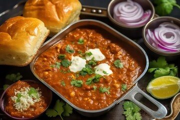 Boiled eggs with Indian Pav Bhaji with coriander butter buns and onion, Indian Punjabi vegetarian spicy gravy curry dish cuisine