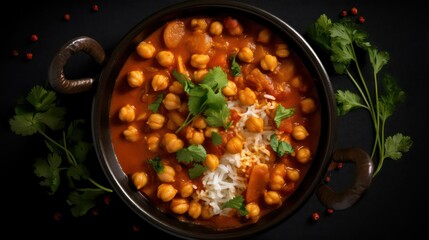 Chana masala overhead photo, Indian Punjabi Chickpea spicy curry dish