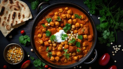 Chana masala overhead photo, Indian Punjabi Chickpea spicy curry dish - obrazy, fototapety, plakaty