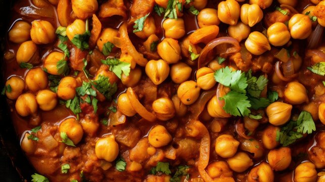 Extreme closeup of Chana masala, Indian Punjabi Chickpea spicy curry dish