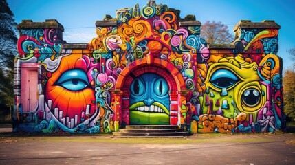 A vibrant and colorful graffiti mural on the castle 