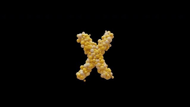 3D animation cartoon balls letter X, isolated beautiful funny yellow balloons, motion design, RGB Alpha, UHD 4K, Apple ProRes 4 4 4 4 12 bit, 25 fps