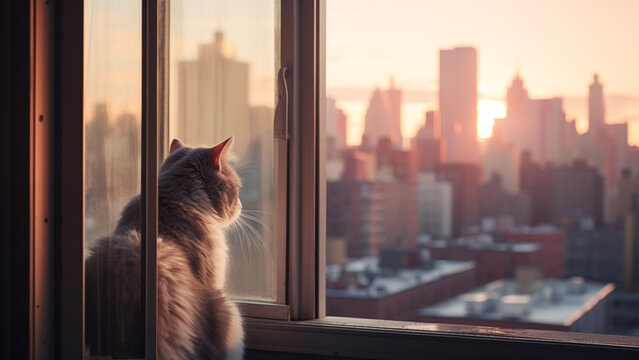 The back of a lonely cat looking at the cityscape at dusk through a window
