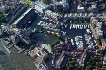 Aerial view of the redeveloped St Katherine's dock in central in London, UK