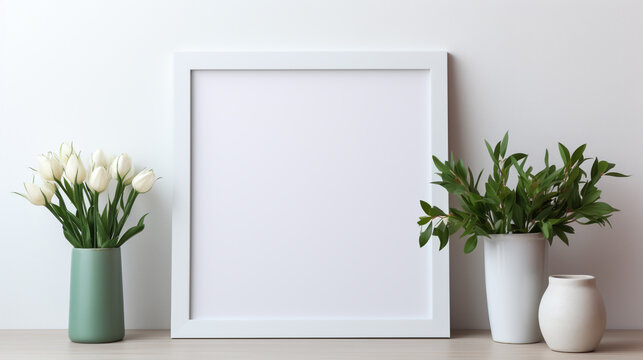 White frame mockup with plant pot on wooden table and white wall background
