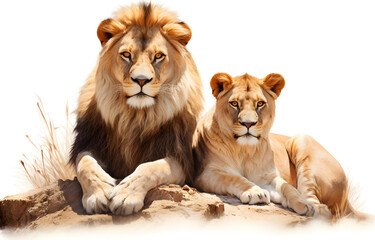 Obraz premium Lion and lioness lovers isolated on a white background,