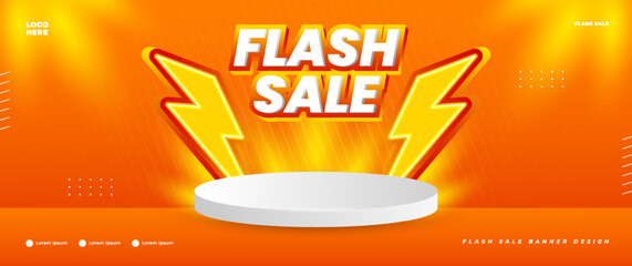 Orange flash sale banner design with podium elements, suitable for retail promotions - obrazy, fototapety, plakaty