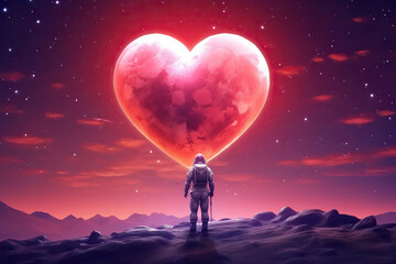 An Astronaut Admiring Heart Shape Moon and Sun from the Mountain Top Beautiful Landscape Background. Valentine's Day Concept, Symbol of Love, Romantic Planet. Banner Poster Design