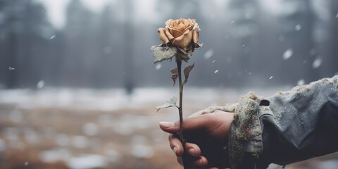 Close-up of a hand holding a wilted flower against a backdrop of winter scenery, representing loss and depression