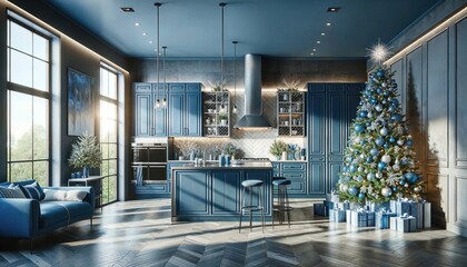 Classic blue kitchen with holiday flair, featuring a christmas tree and elegant blue decor