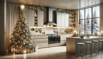 Fotobehang Bright and airy kitchen space with a tall christmas tree and view of snowy landscape outside © Glittering Humanity