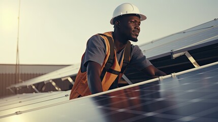 African American engineer maintaining solar cell - obrazy, fototapety, plakaty