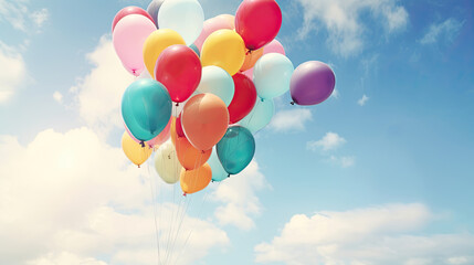 Colorful Balloons Flying on Blue Sky Background. Perfect for Happy Birthday, Summer Celebrations, and Wedding Honeymoon Parties