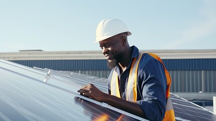 African American engineer maintaining solar cell