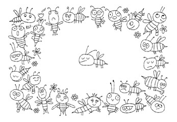 Funny Bees family. Beehive for your design. Horizontal banner with place for text