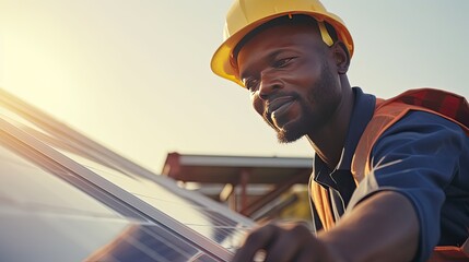 African American engineer maintaining solar cell - obrazy, fototapety, plakaty