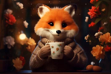Foto op Canvas Portrait of adult male man fox in cozy sweater holding mug cup of tea coffee surrounded by flowers. Fantasy animals concept. Fantasy animals concept © Cherstva