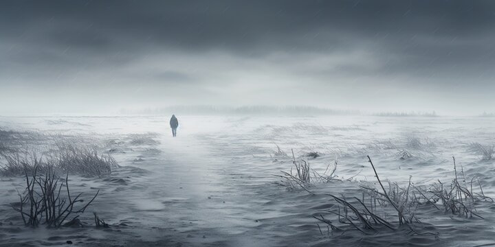 Image of a lonely figure walking in a desolate winter landscape, evoking feelings of isolation and depression