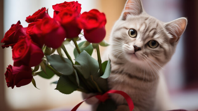 cute kitten next to valentines love roses portrait photo