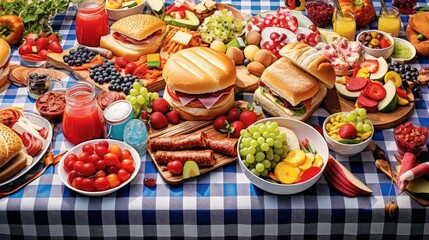 burgers party picnic food illustration hotdogs chips, dip salsa, salad fruit burgers party picnic food - obrazy, fototapety, plakaty