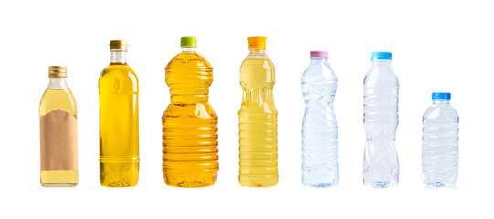 Vegetable oil with olive oil and water in different bottle for cooking isolated on white background...
