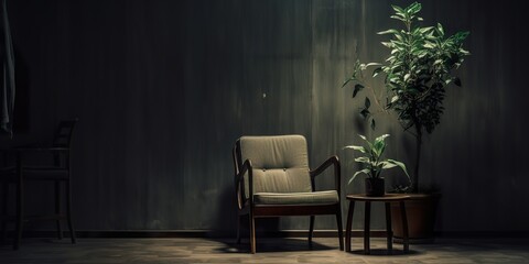 Still life of a dimly lit room with an empty chair and a wilting plant, symbolizing the feelings of depression