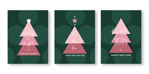 Naklejka premium Set trendy Happy New Year greeting cards ho ho ho Merry Christmas template Minimalistic design green pink boho cozy colors