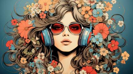 Graphic Illustration 1960s vintage retro hippie movement flower power music 1960s peace and love wallpaper background cover digital art poster