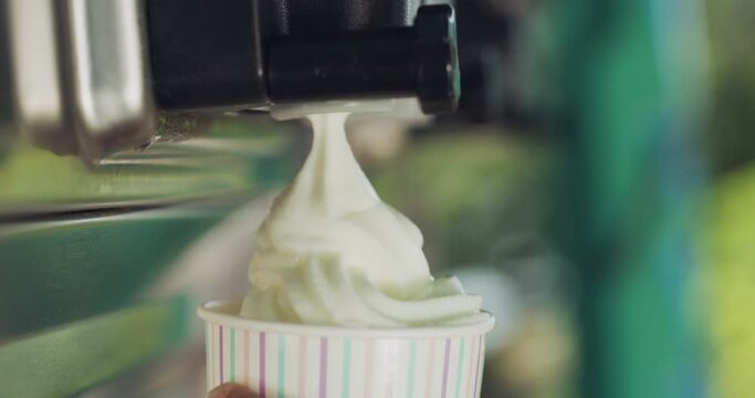 Person, hands and ice cream swirl with machine for sweet desert, sundae or food in a cup. Closeup of vanilla serving frozen yoghurt, creme or milky soft serve in tub for summer treat at dairy cafe